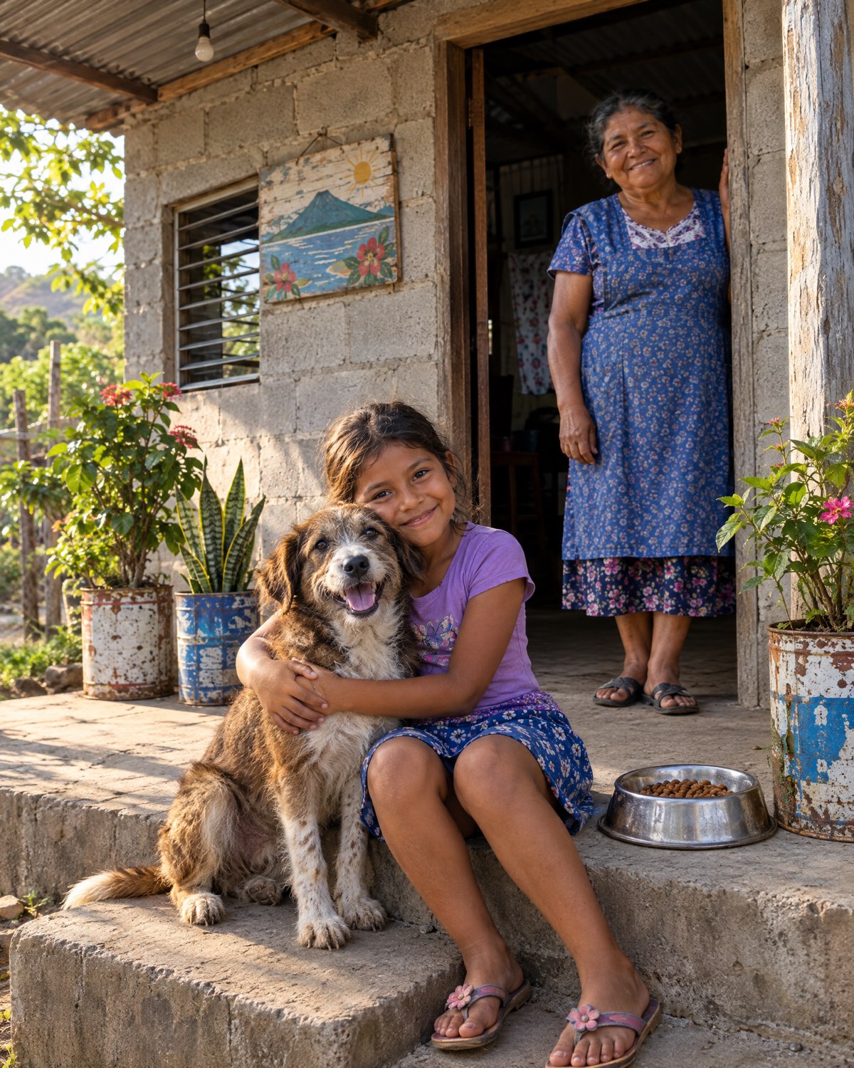 A girl hugging a happy dog on the porch of her family's home