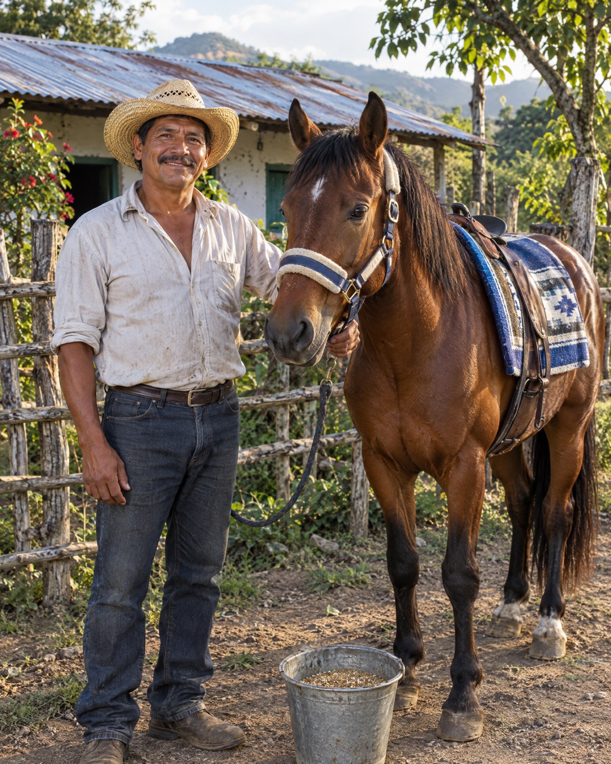 A smiling Nicaraguan man in a straw hat beside his healthy working horse