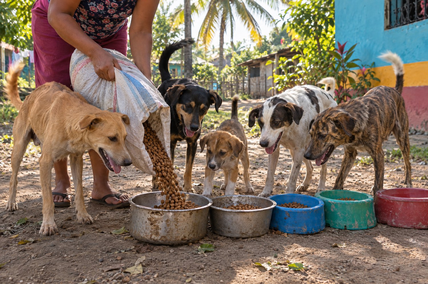 Hands pouring dog food into a row of bowls as happy dogs crowd in