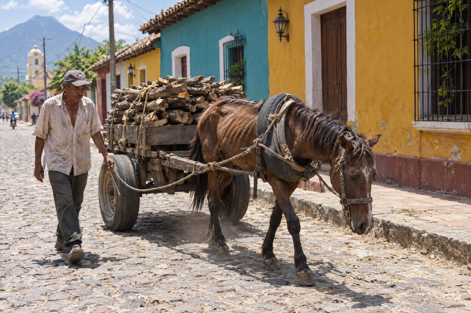 A thin horse pulling a cart of firewood down a colorful cobblestone street