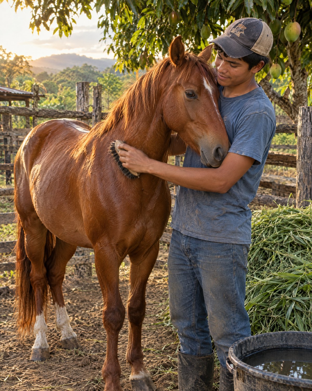 A recovering horse with a glossy coat being brushed by a young man