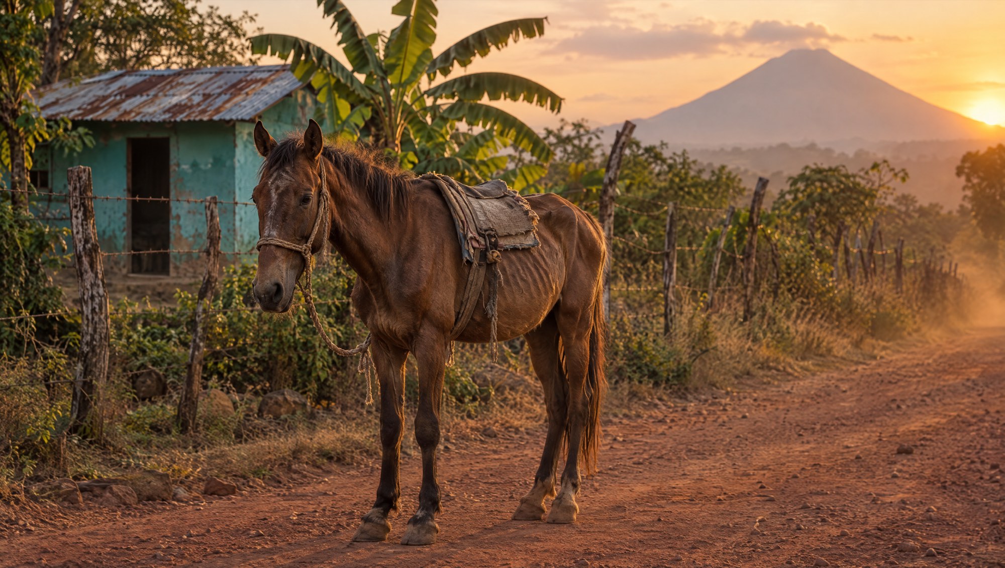 A thin working horse in a rope halter standing alone on a red dirt road in rural Nicaragua at sunset