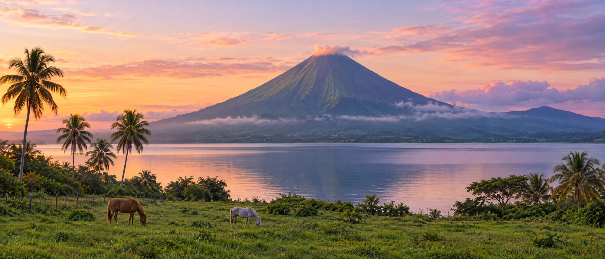 A volcano rising over a calm lake with two horses grazing at sunrise