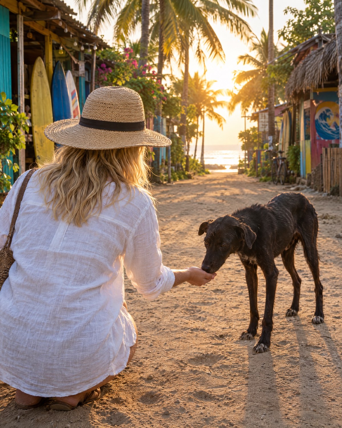 A woman in a sun hat kneeling to offer her hand to a shy street dog in a Nicaraguan beach town