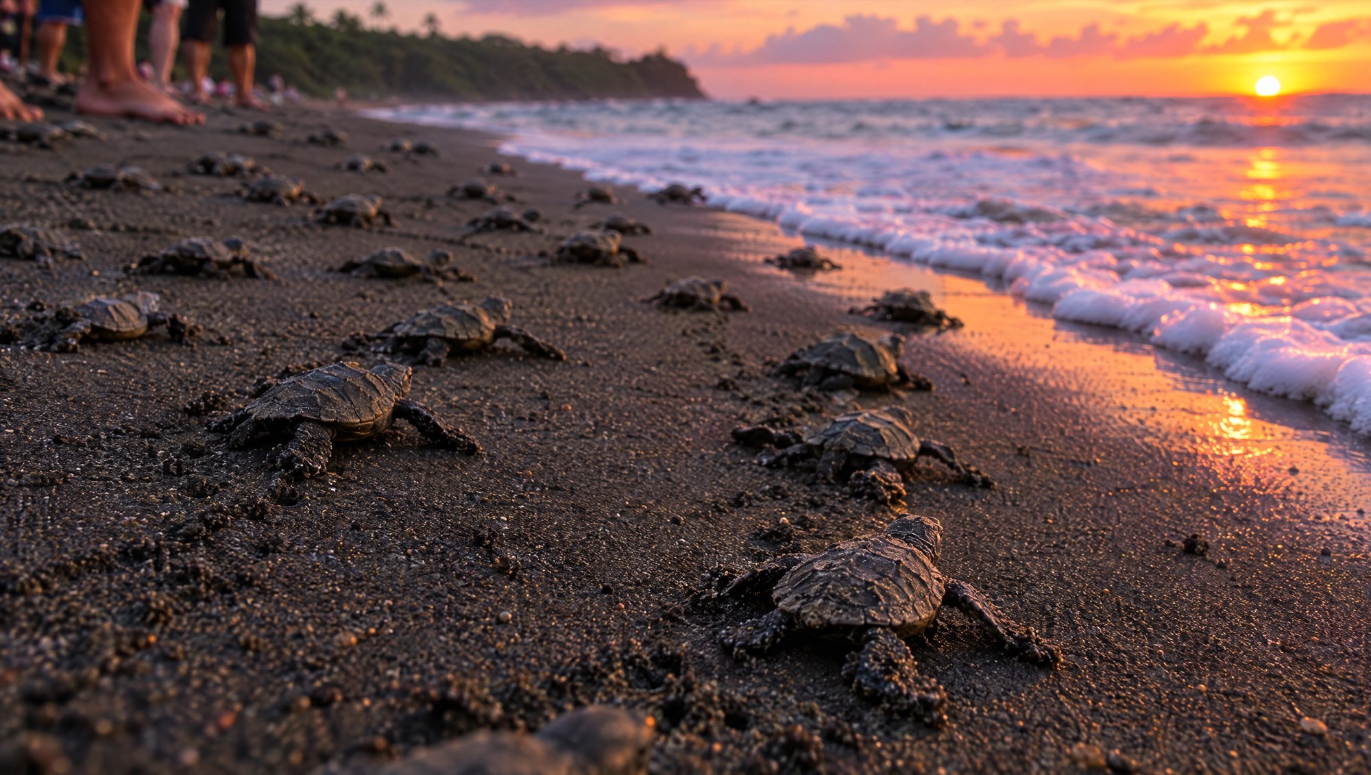 Tiny sea turtle hatchlings crawling over dark sand toward the ocean at sunset